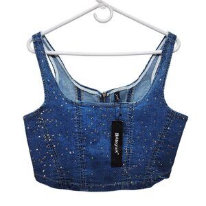 Allegra K Denim Studded Sleeveless Crop Top Zipper Closure Size M Womens